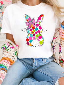 White Polka Dot Bow Rabbit Graphic Crewneck Easter Fashion Tee