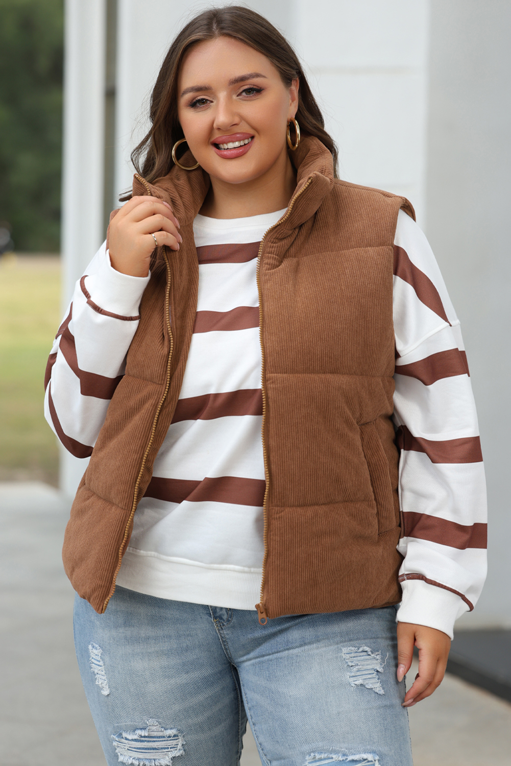 Coffee Corduroy Stand Neck Zipped Puffer Vest - Image 2