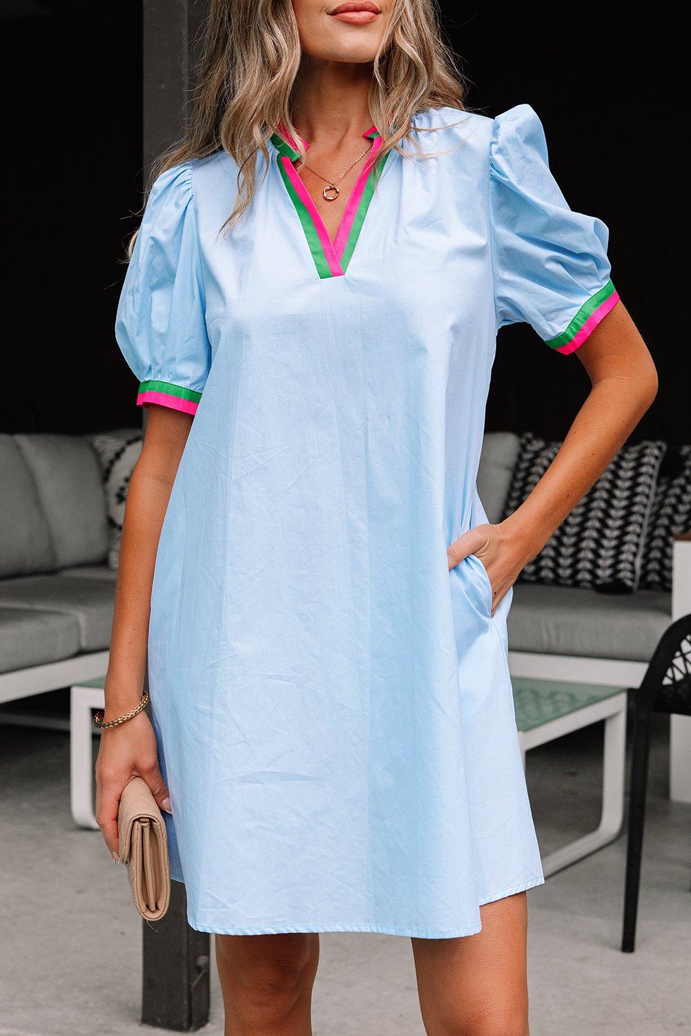 Myosotis Contrast Striped Notched V Neck Puff Sleeve Mini Dress - Image 8