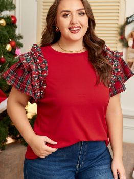 Racing Red Plaid Pearl Ruffled Short Sleeve Knitted Christmas Holiday Plus Size T-shirt