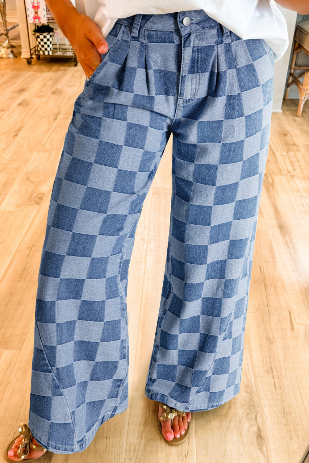Dusk Blue Checkered Denim Wide Leg Jeans - Image 8