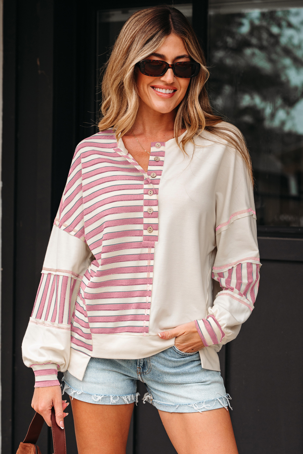 Pink Stripe Stitched Detail Color Block Patchwork Oversized Pullover Top - Image 4