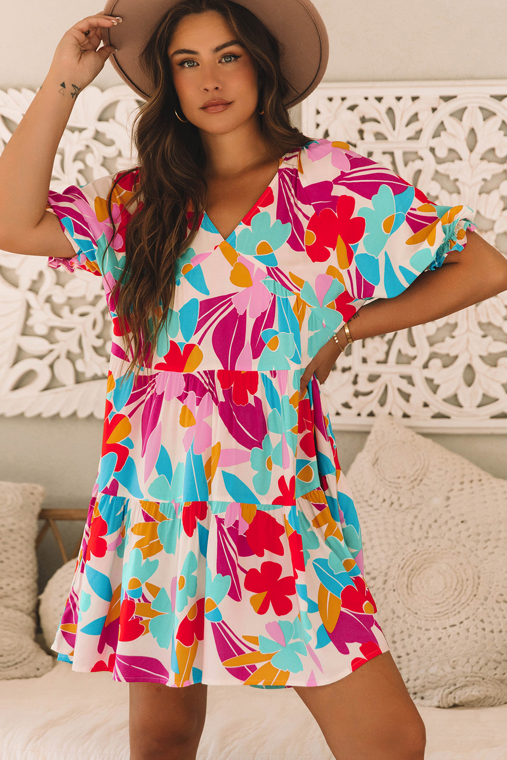 Rose Red Floral Bubble Sleeve V Neck Tiered Ruffle Babydoll Dress - Image 5