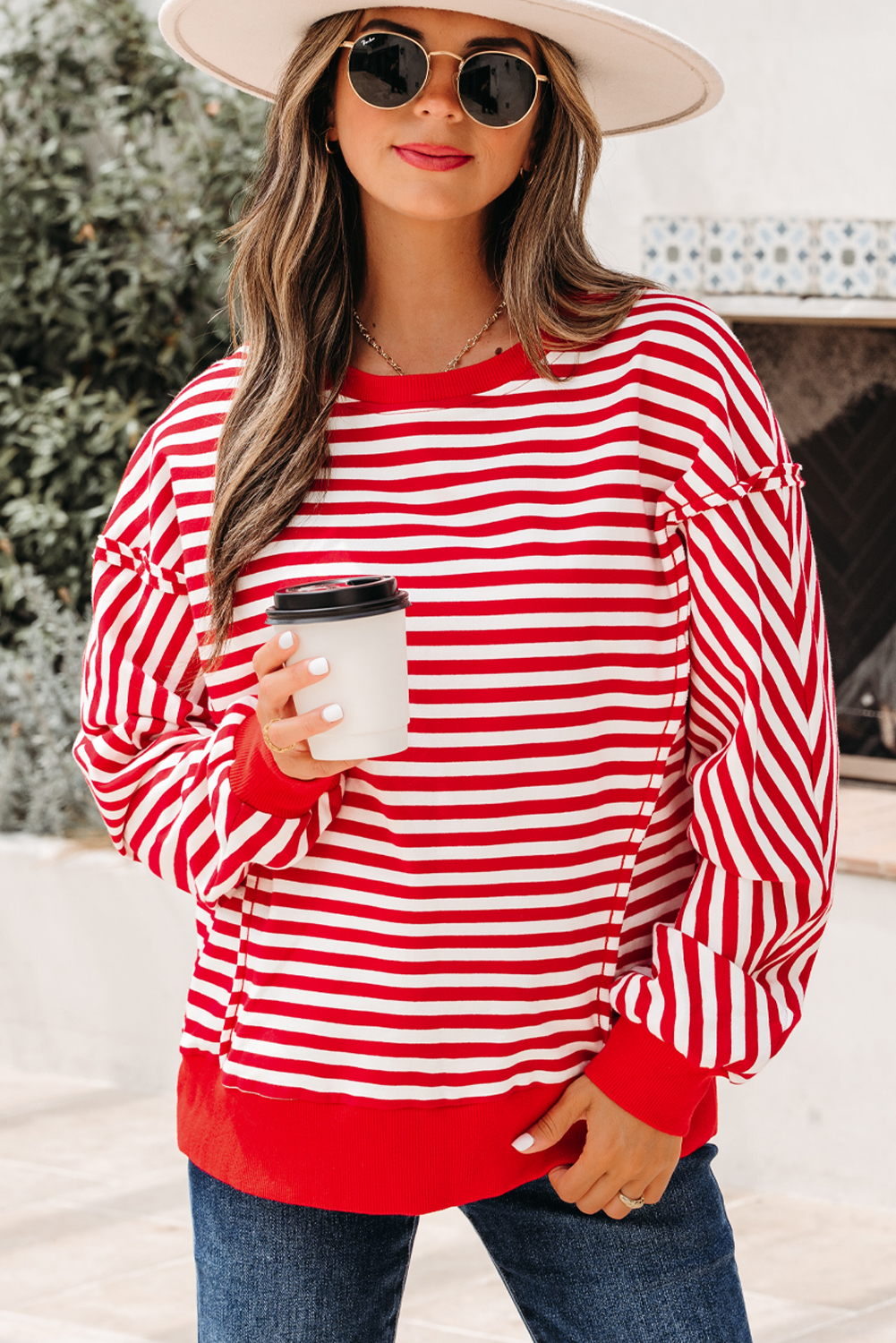 Red Stripe Exposed Seam Drop Shoulder Casual Pullover Top - Image 5