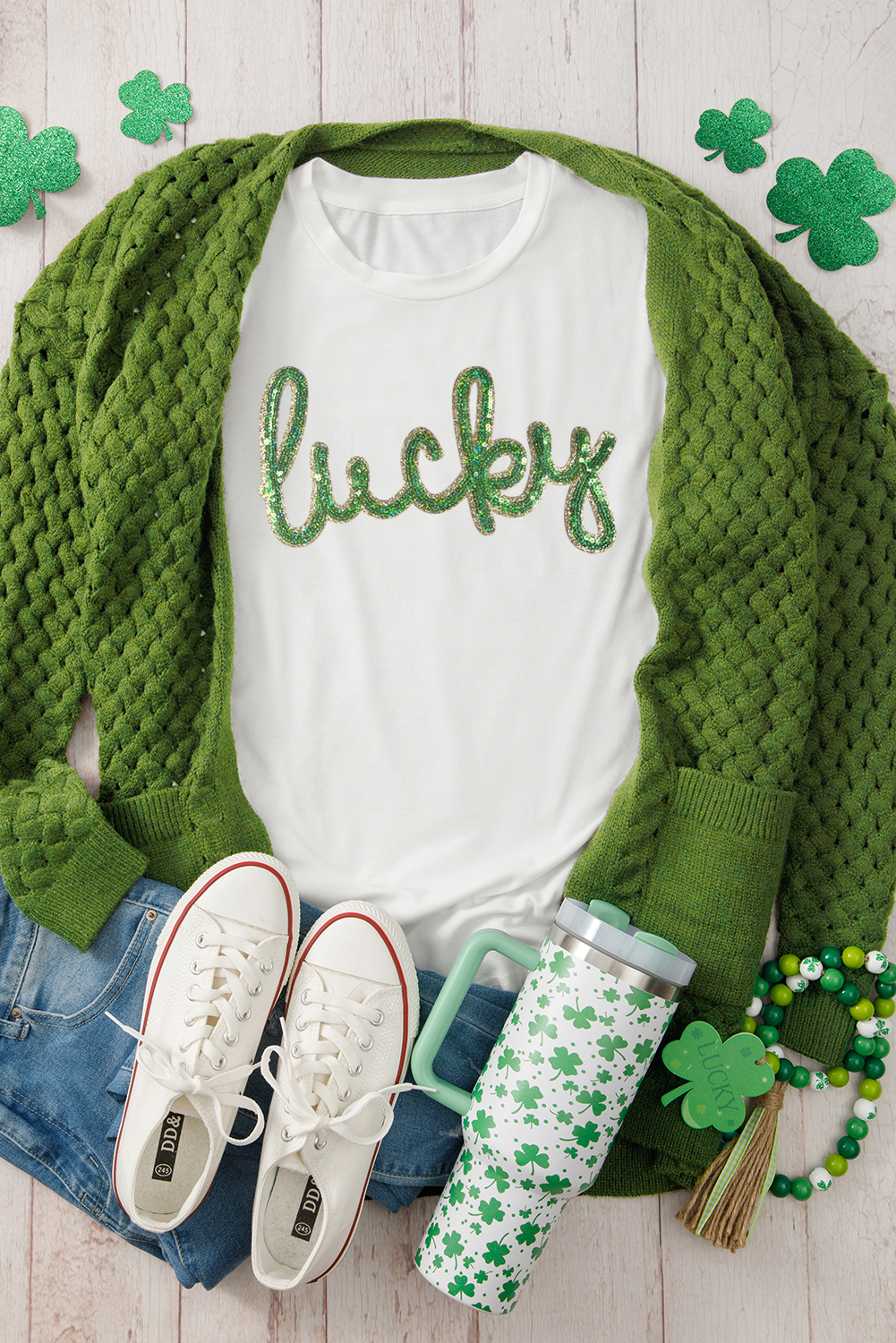 White Sequined Lucky St.Patricks Day Graphic Tee - Image 6