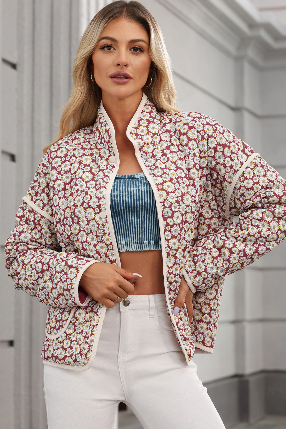 Pink Floral Print Contrast Edge Pocketed Stand Neck Jacket - Image 6