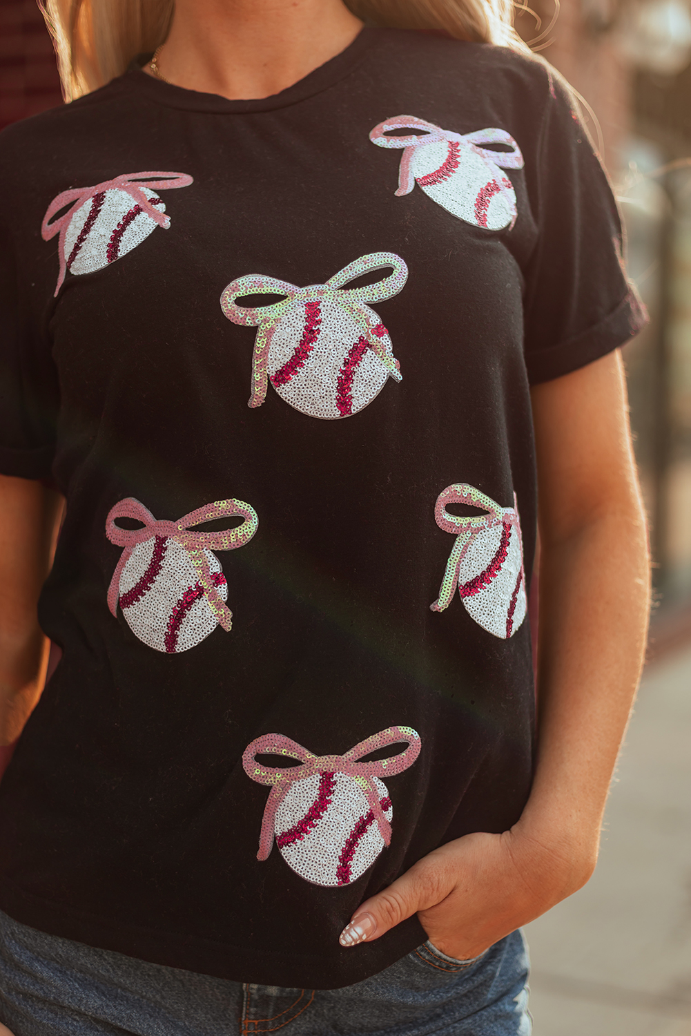 Black Shimmering Sequin Bow Ball Patterned Game Day Casual Tee - Image 8