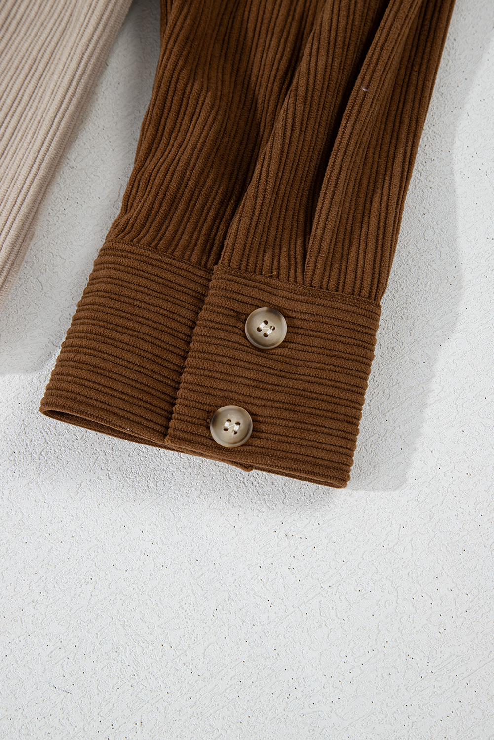 Brown Color Block Chest Pockets Buttoned Corduroy Shacket - Image 8