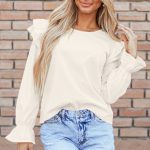 Beige Ruffled Flounce Sleeve Corduroy Blouse