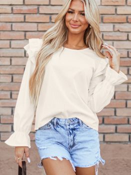 Beige Ruffled Flounce Sleeve Corduroy Blouse