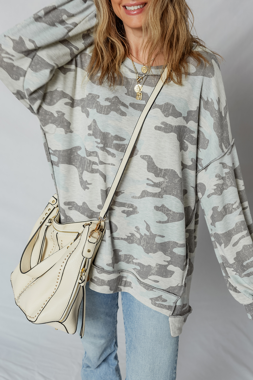 Multicolour Retro Camouflage Print Exposed Seam Patchwork Drop Shoulder Sweatshirt - Image 4
