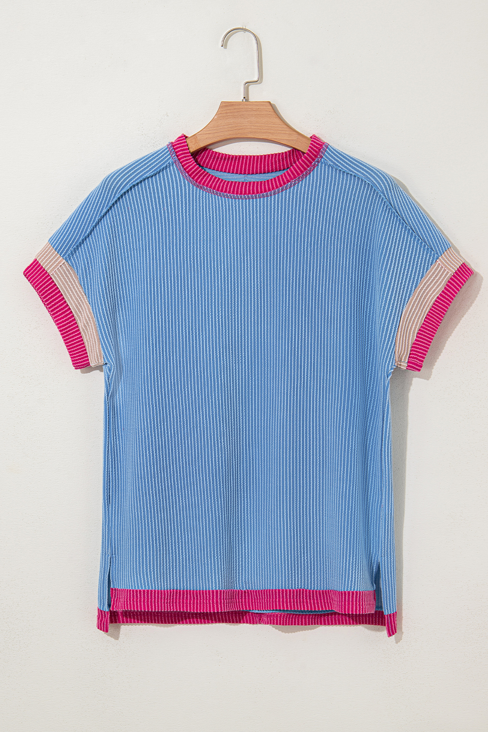 Sky Blue Textured Contrast Trim Round Neck T Shirt - Image 6