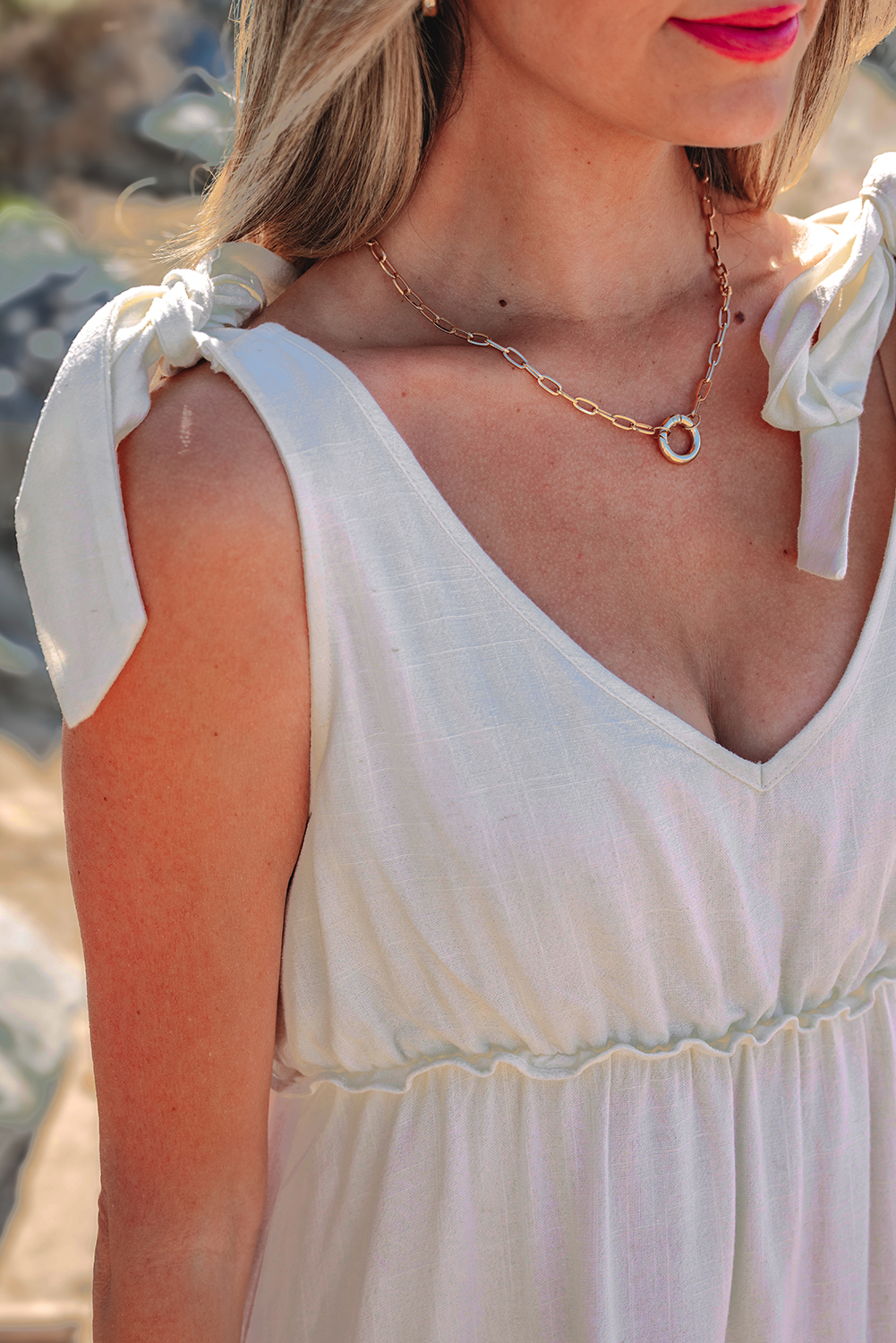 Oatmeal Solid Color Tied Straps Ruffle Tiered Mini Dress - Image 7