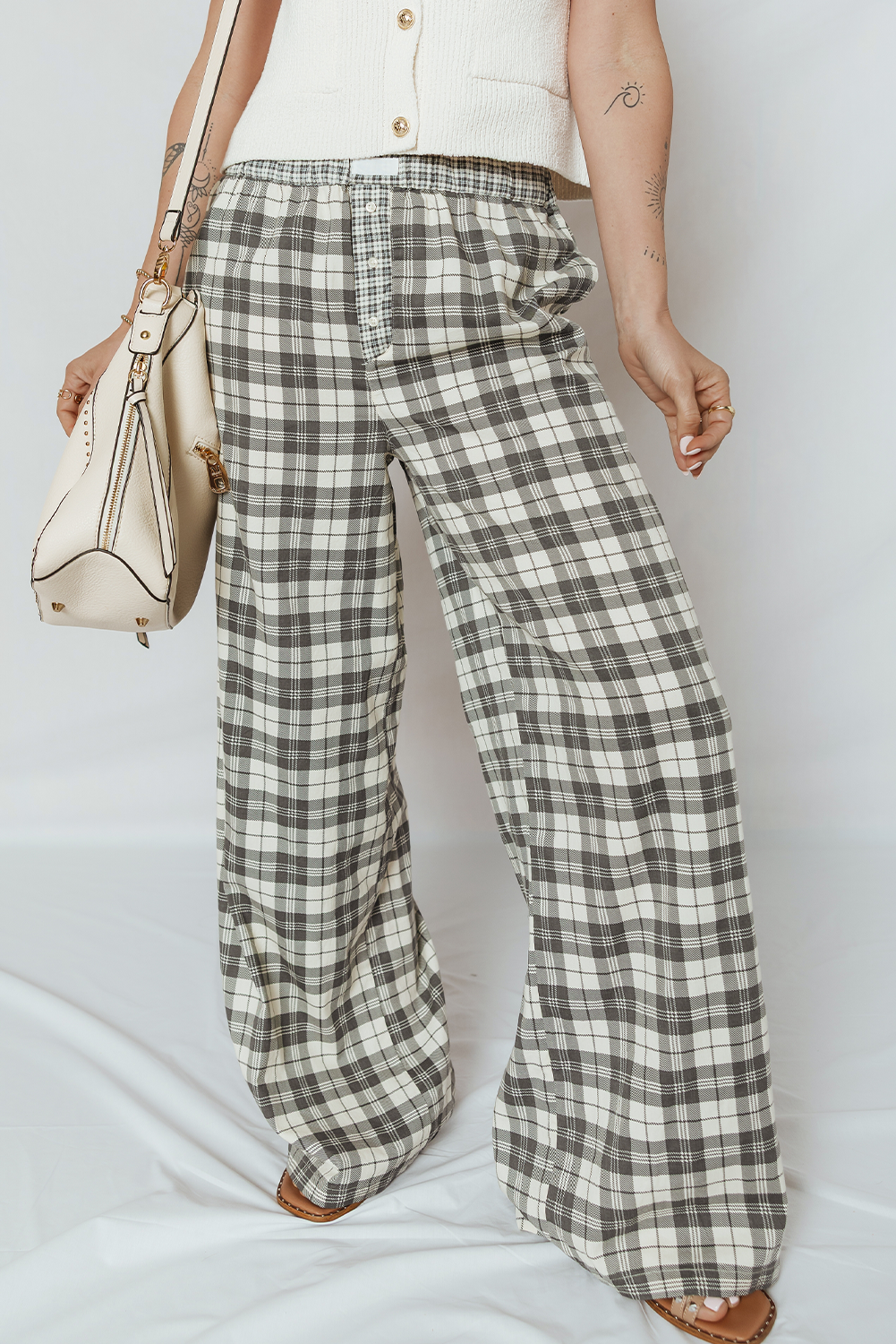 Gray Plaid Wide Leg Casual Pants - Image 6