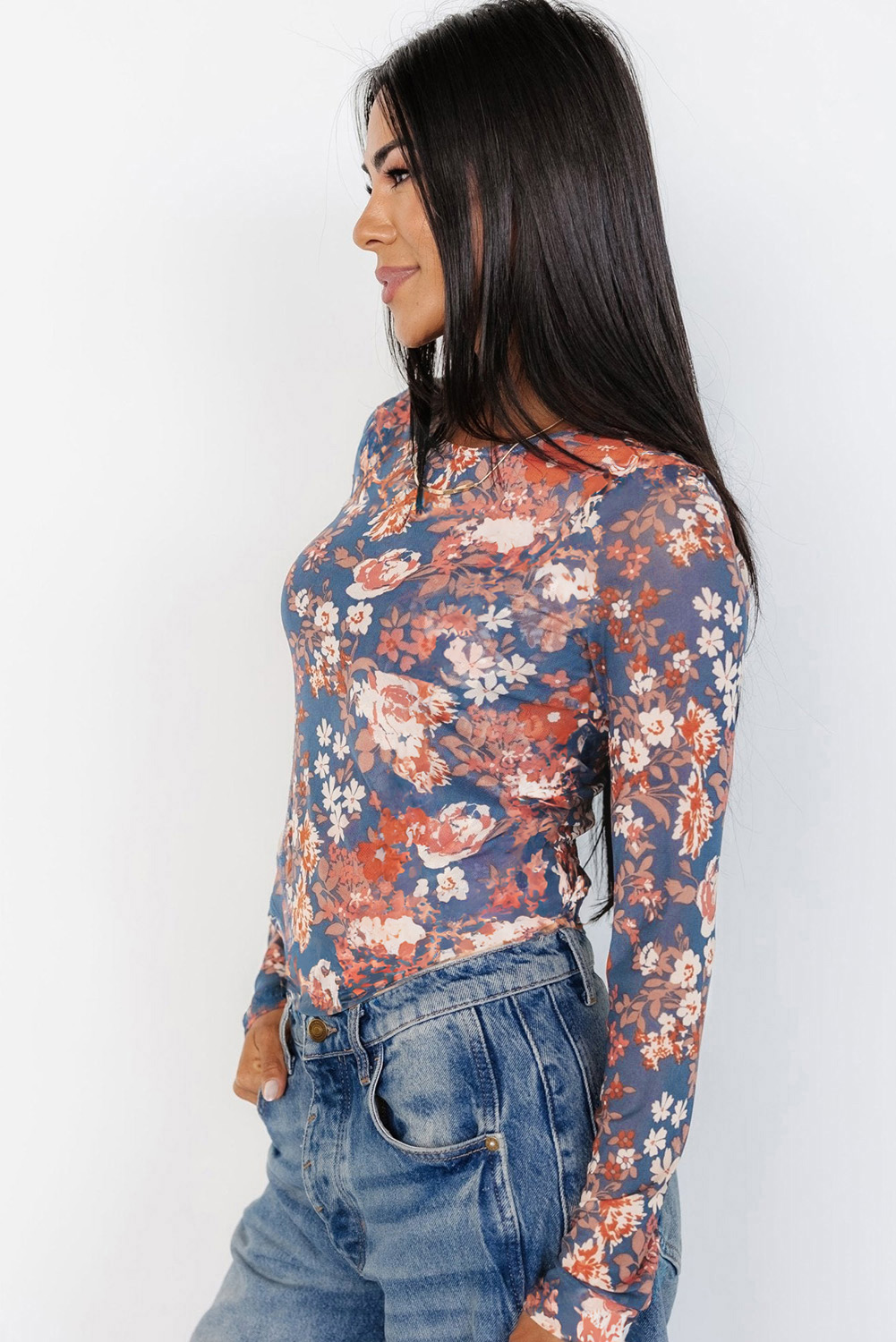 Orchid Petal Floral Print Mesh Fitted Long Sleeve Top - Image 2