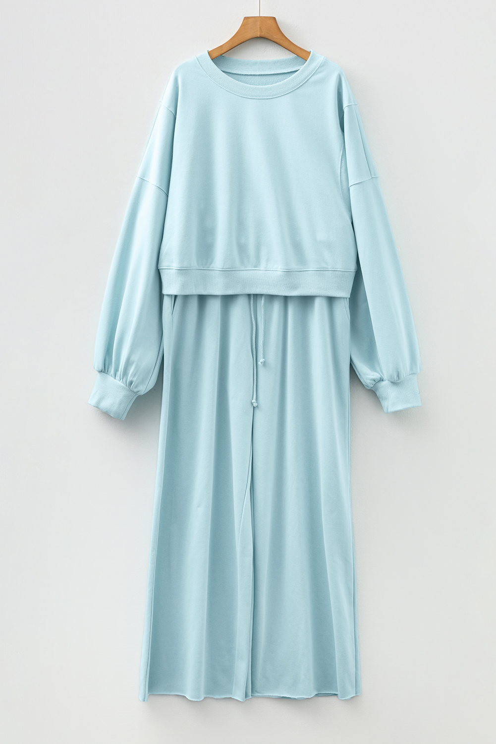 Mist Blue Drop Shoulder Puff Sleeve Crop Pullover Drawstring Wide Leg Pants Set - Image 7