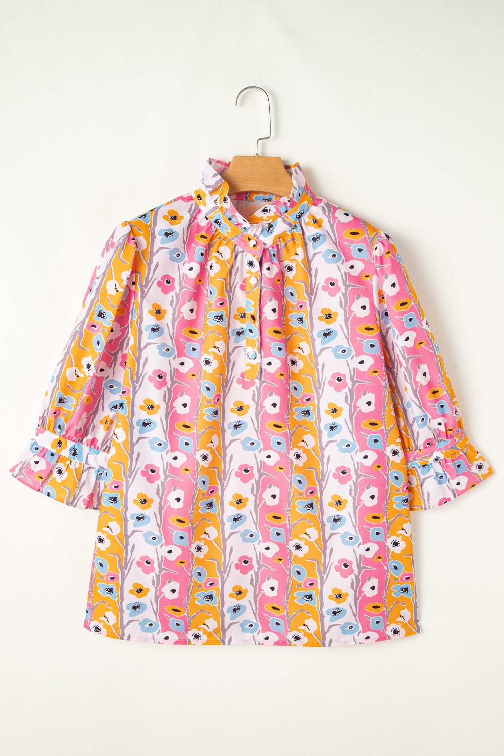 Pink Floral Ruffled Collar Bracelet Sleeve Plus Size Blouse Top - Image 8