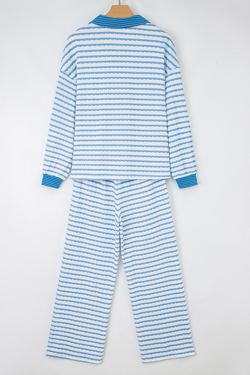 Sky Blue Stripe Collared Pullover Top and Drawstring Pant Set - Image 8