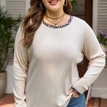 Parchment Ribbed Contrast Leopard Edge Round Neck Plus Knit Top