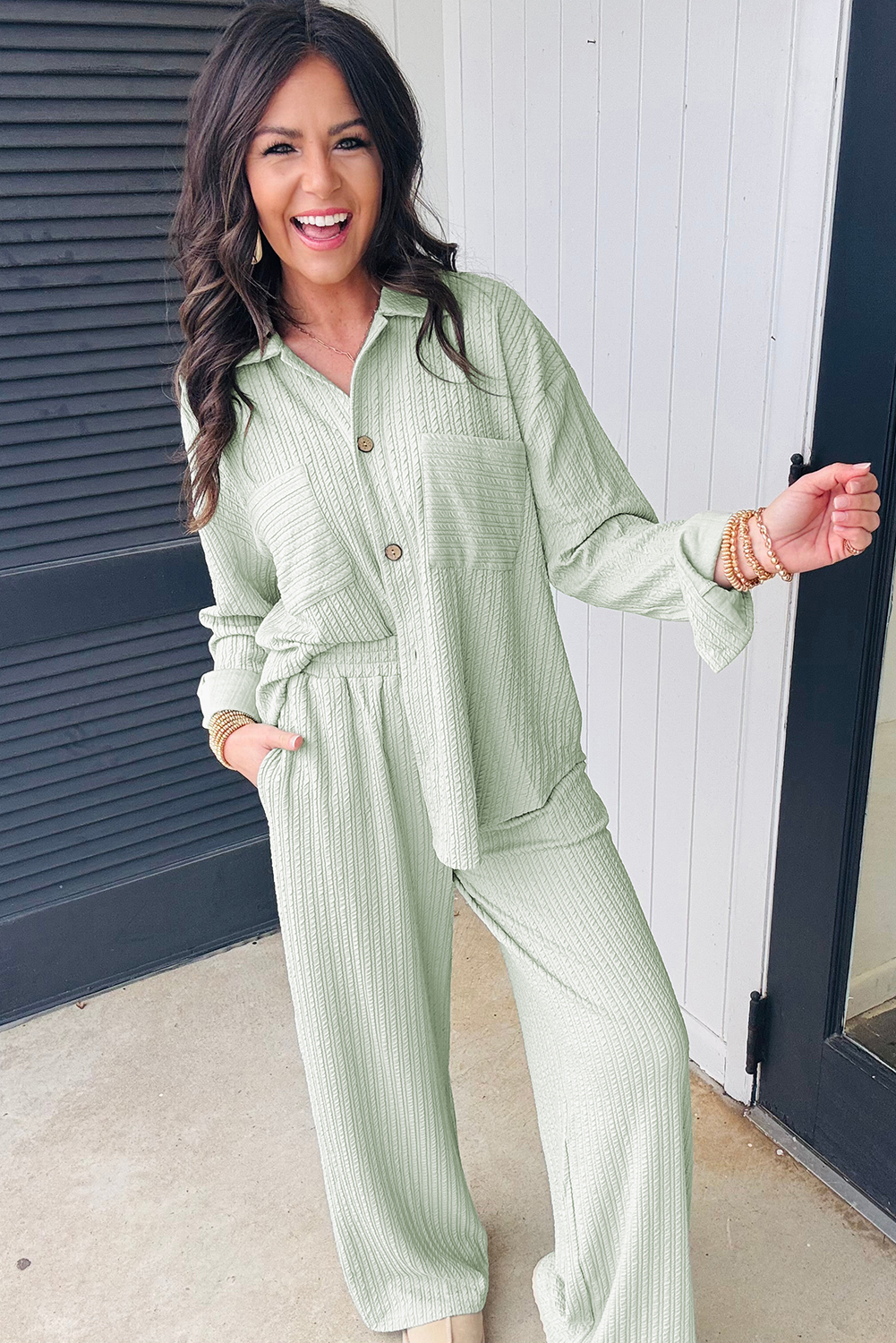 Clearly Aqua Textured Patched Chest Pocket Shirt and Pants Set - Image 4