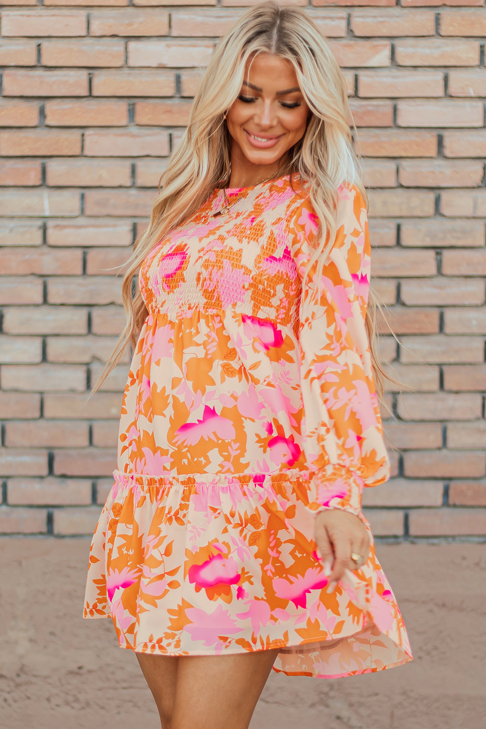 Orange Abstract Print Smocked Lantern Sleeve Ruffle Mini Dress - Image 6