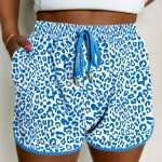 Blue Leopard Elastic Waistband Lace up Contrast Trim Casual Shorts