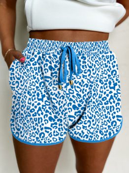 Blue Leopard Elastic Waistband Lace up Contrast Trim Casual Shorts