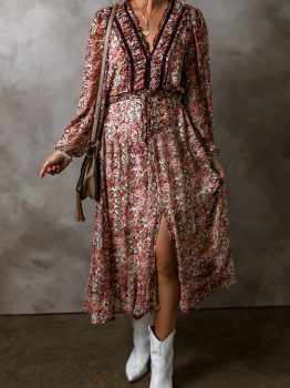 Brown Floral Print Split Front Tiered Frilled V Neck Midi Dress