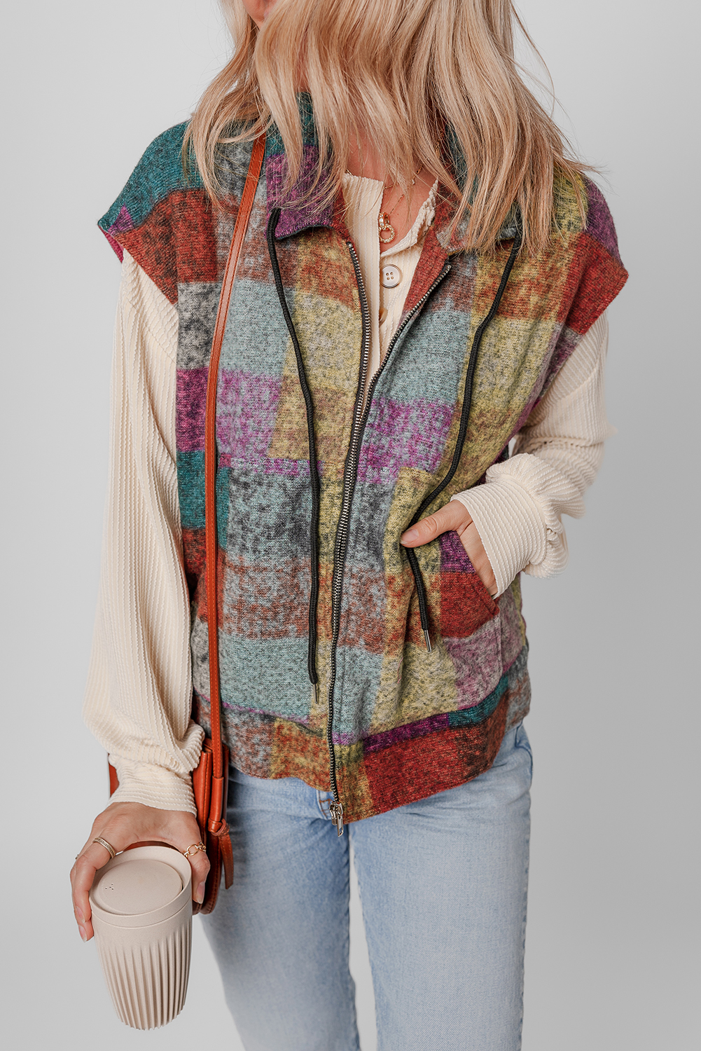 Multicolor Plaid Print Side Pockets Zipped Loose Vest - Image 6