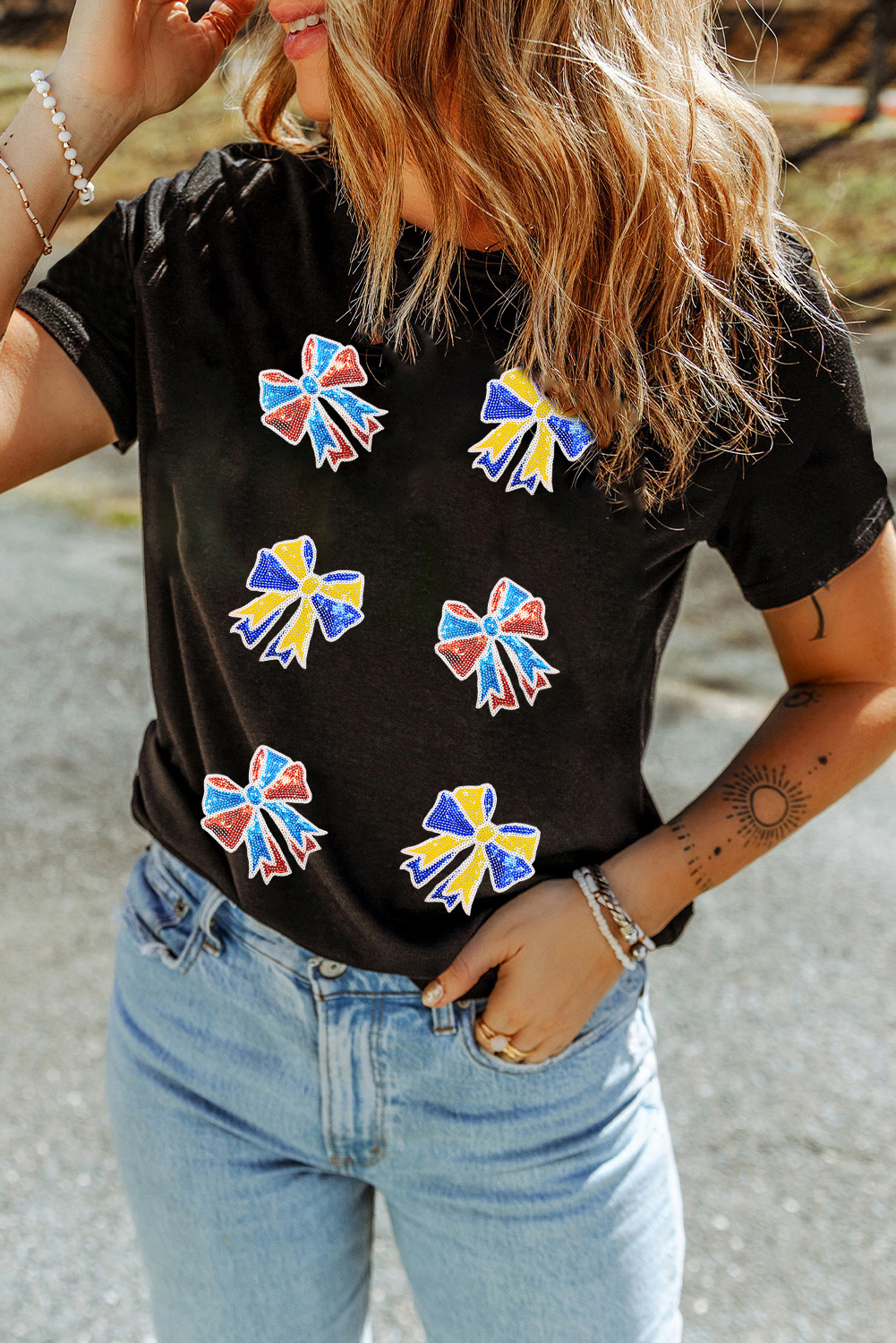 Black Cheerful Sequin Bow Patched Game Day T Shirt - Image 7