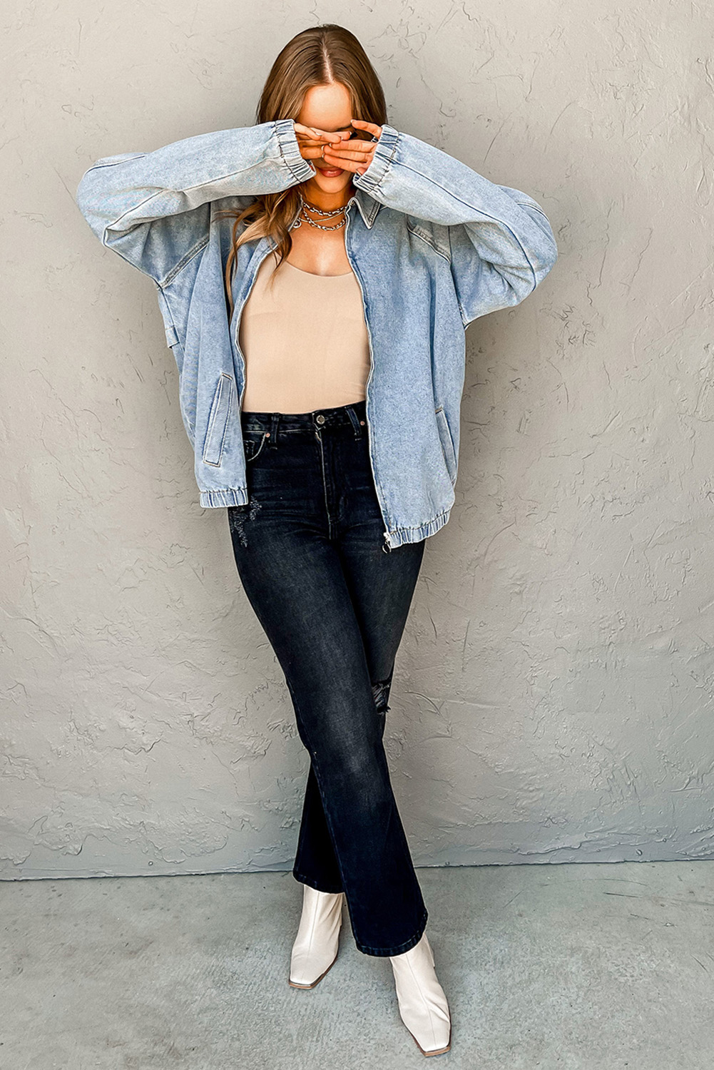 Myosotis Elastic Edge Collared Zip Up Denim Jacket With Pocket - Image 5