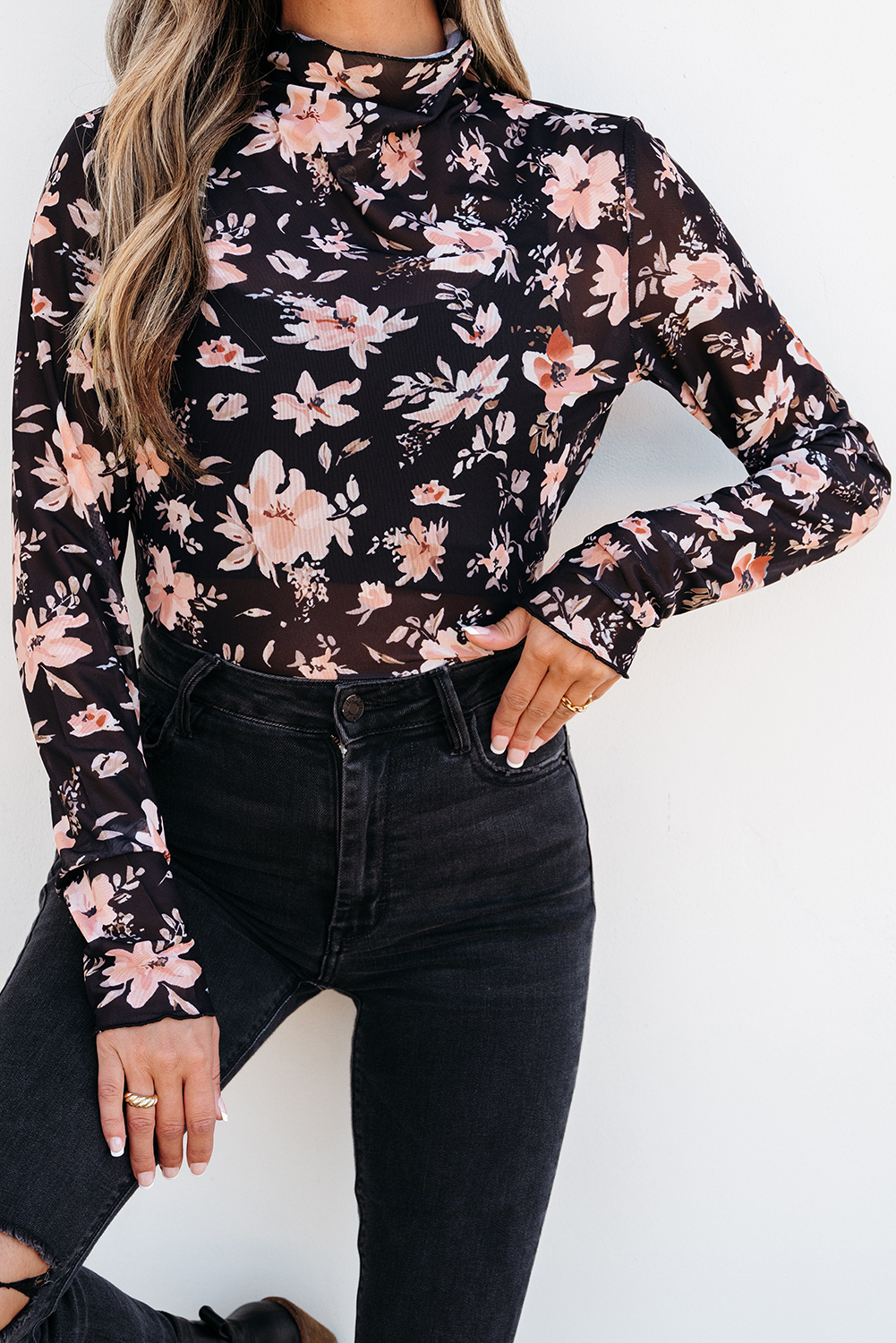 Black Floral Mesh Mock Neck Long Sleeve Slim Fit Top - Image 8