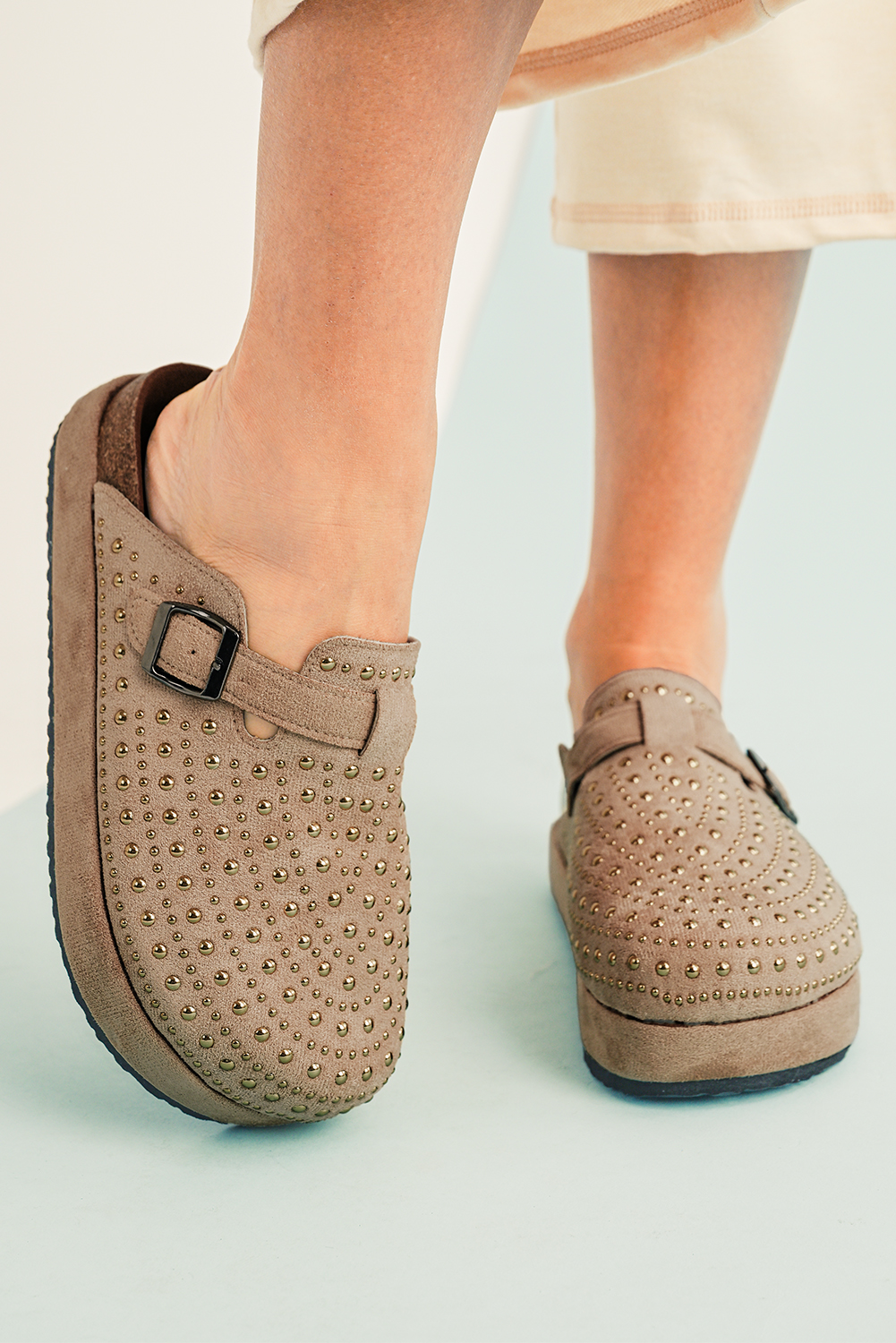 Parchment Rivet Buckle Closed Toe Platform Slippers - Image 2