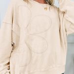 Beige Flower Patched Mineral Wash Round Neck Plus Size Top