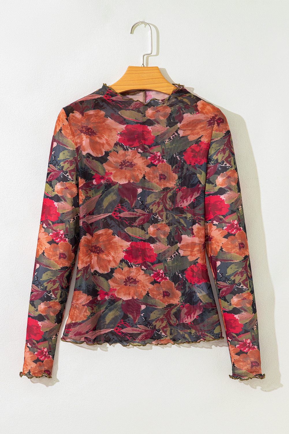 Multicolour Floral Print Lettuce Trim Long Sleeve Mesh Top - Image 6