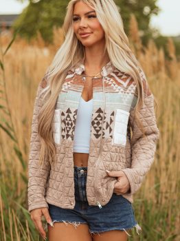 Light French Beige Aztec Quilted Patchwork Western Fashion Jacket