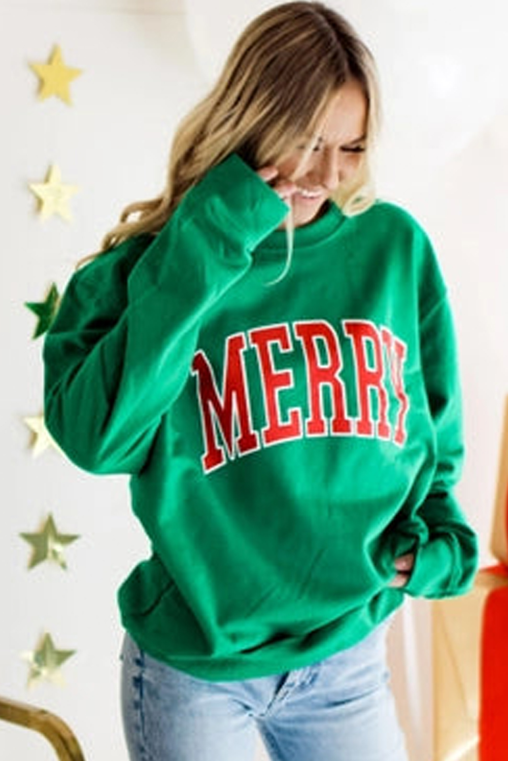 Bright Green MERRY Graphic Pullover Sweatshirt - Image 2