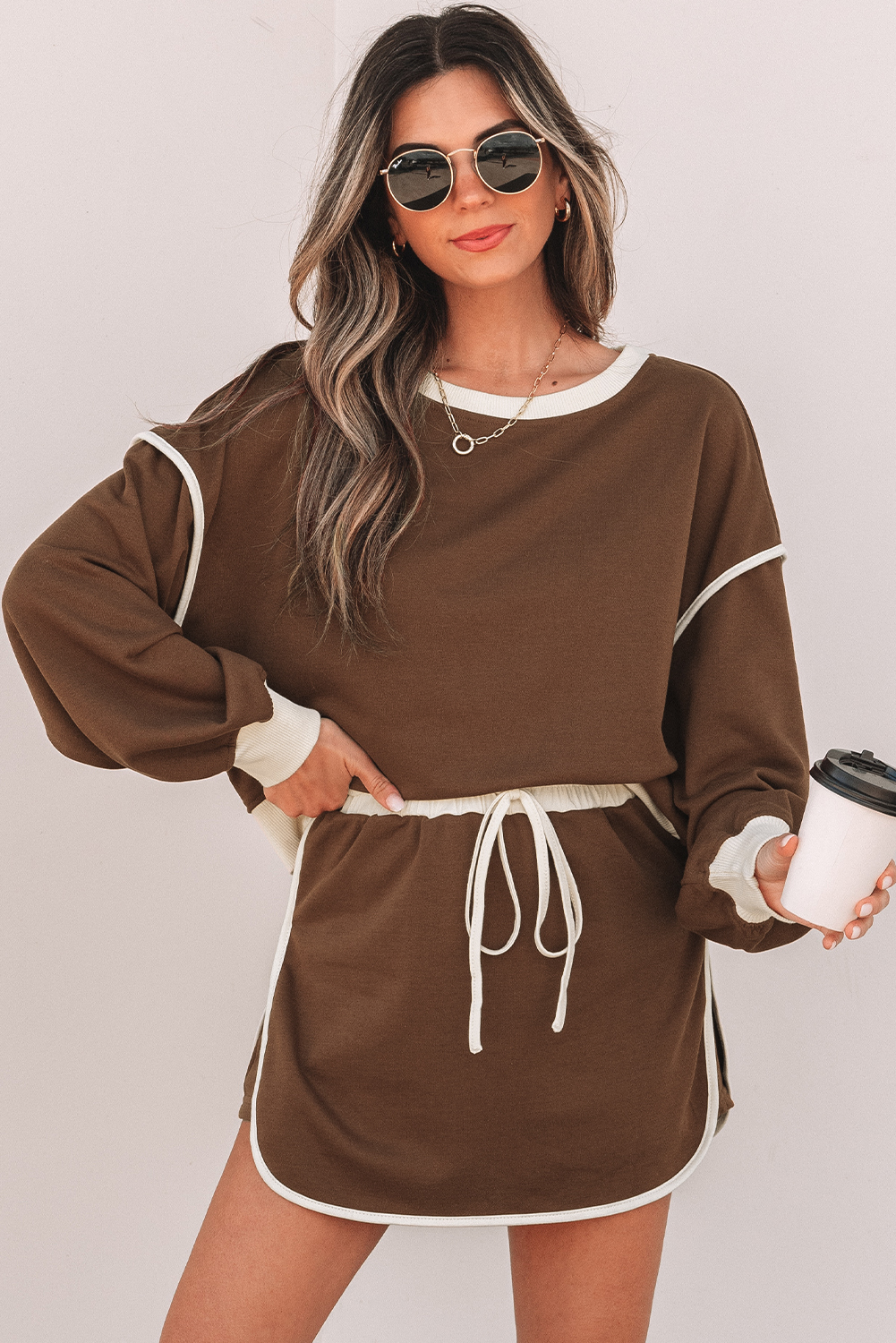 Coffee Color Contrast Loose Pullover and Lace-up Waist Skort Set - Image 6