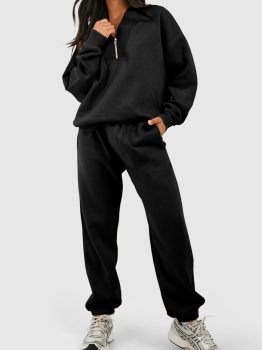 Black Plain Half Zip V Neck Ribbed Edge Loose Tracksuit
