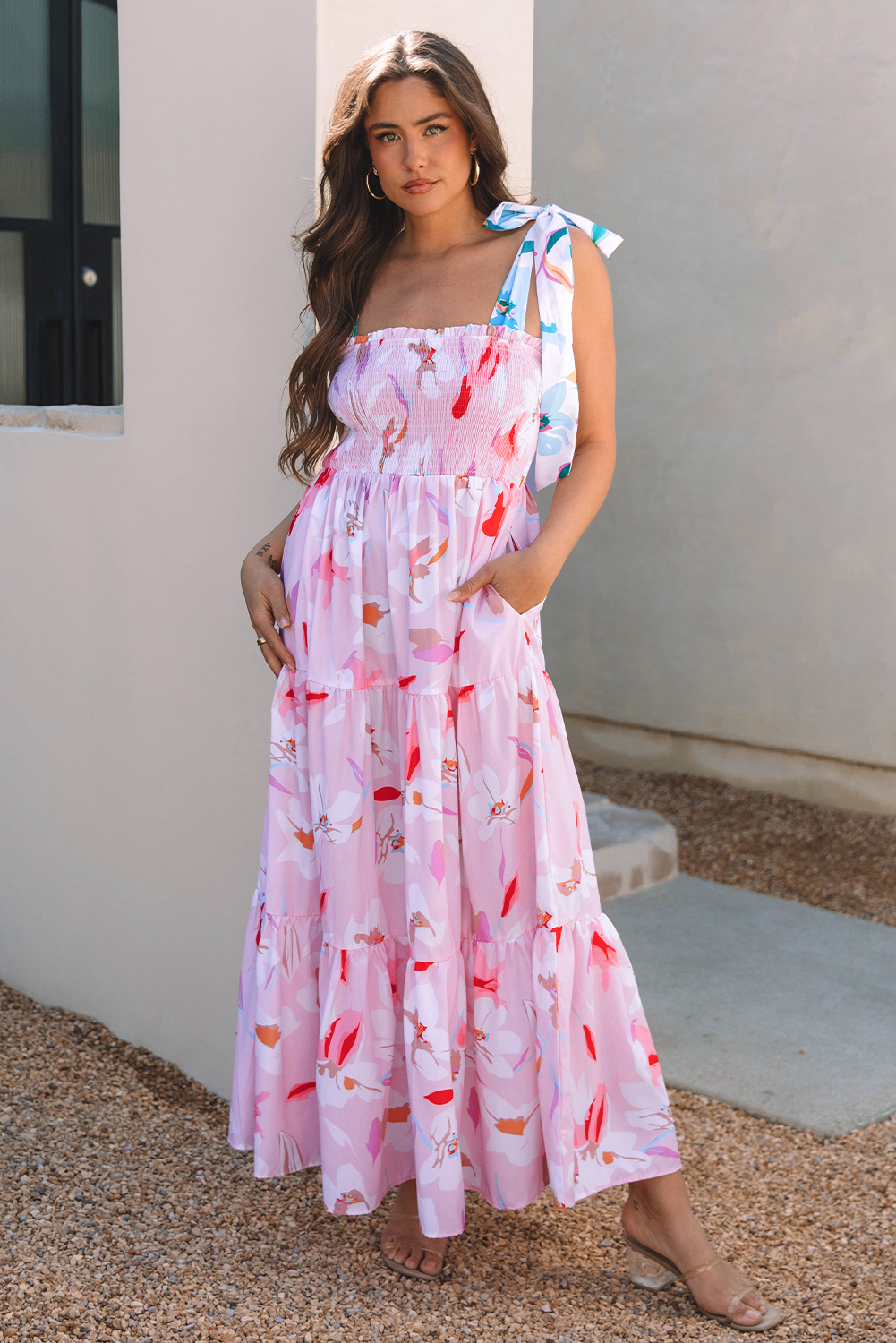 Pink Floral Print Knotted Shoulder Smocked Maxi Dress - Image 4