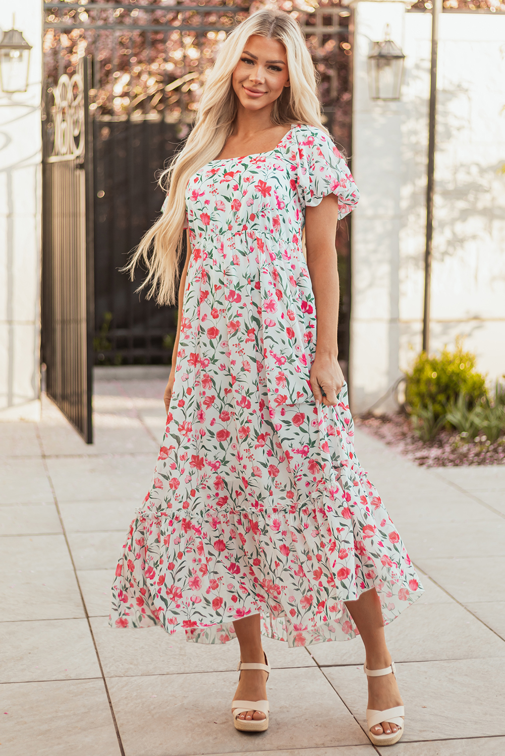 Pink Floral Puff Sleeve Square Neck Empire Waist Tiered Maxi Dress - Image 7