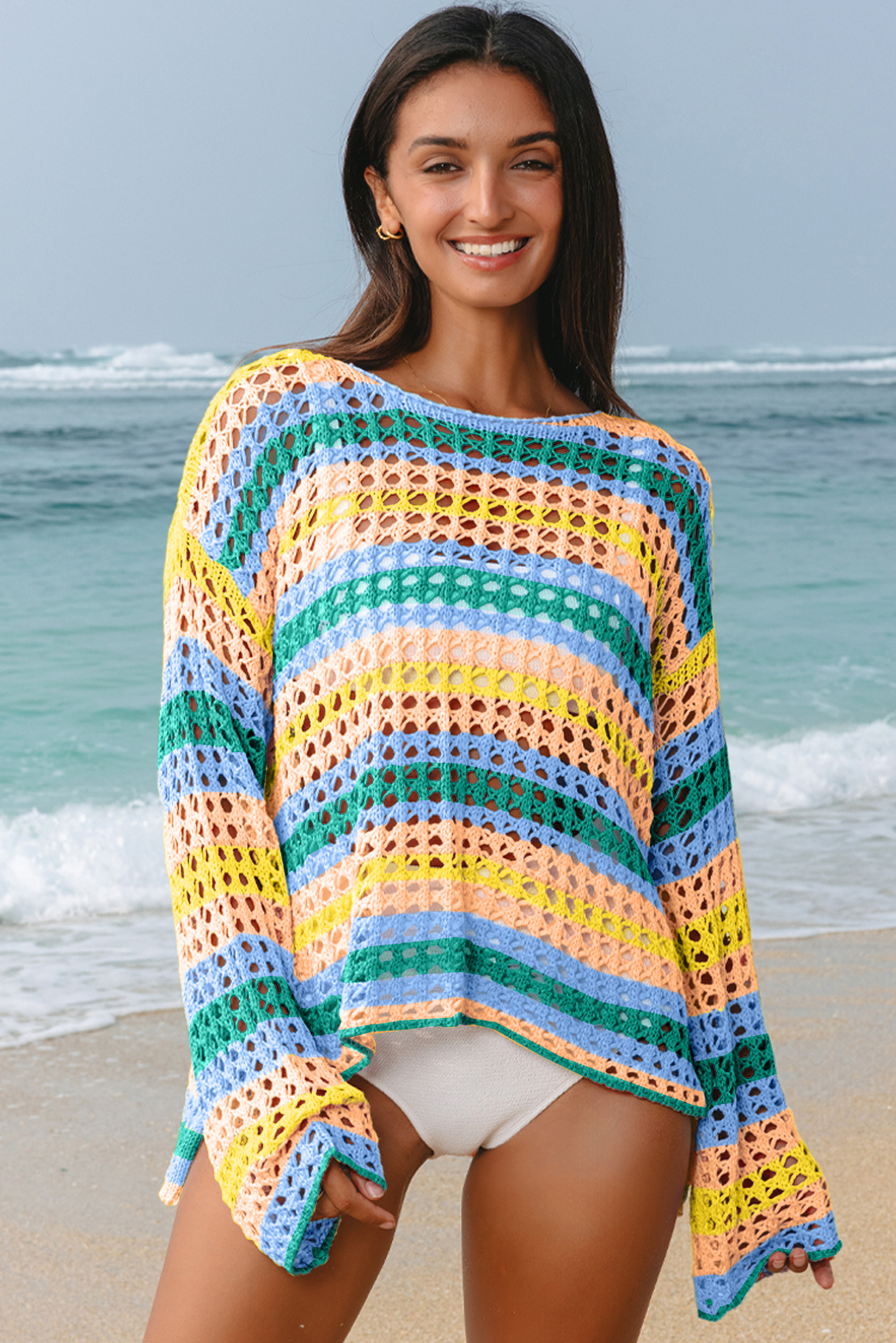 Beau Blue Multi Stripe Open Knit Sweater Beach Cover Up - Image 2
