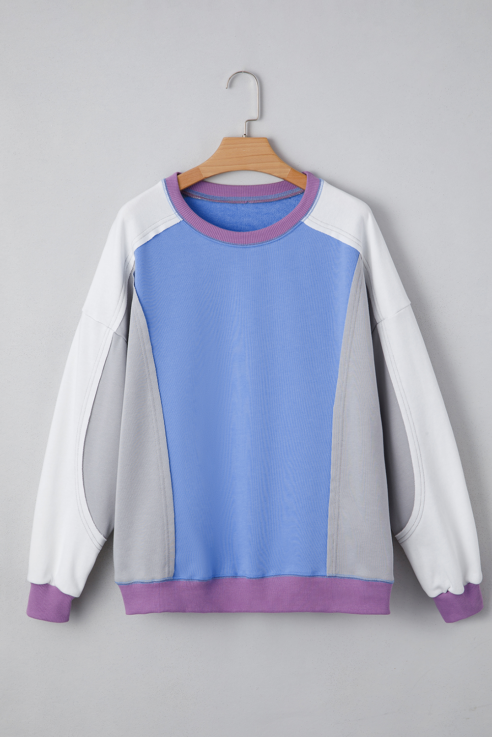 Blue Exposed Seam Colorblock Patchwork Ribbed Trim Pullover Sweatshirt - Image 5