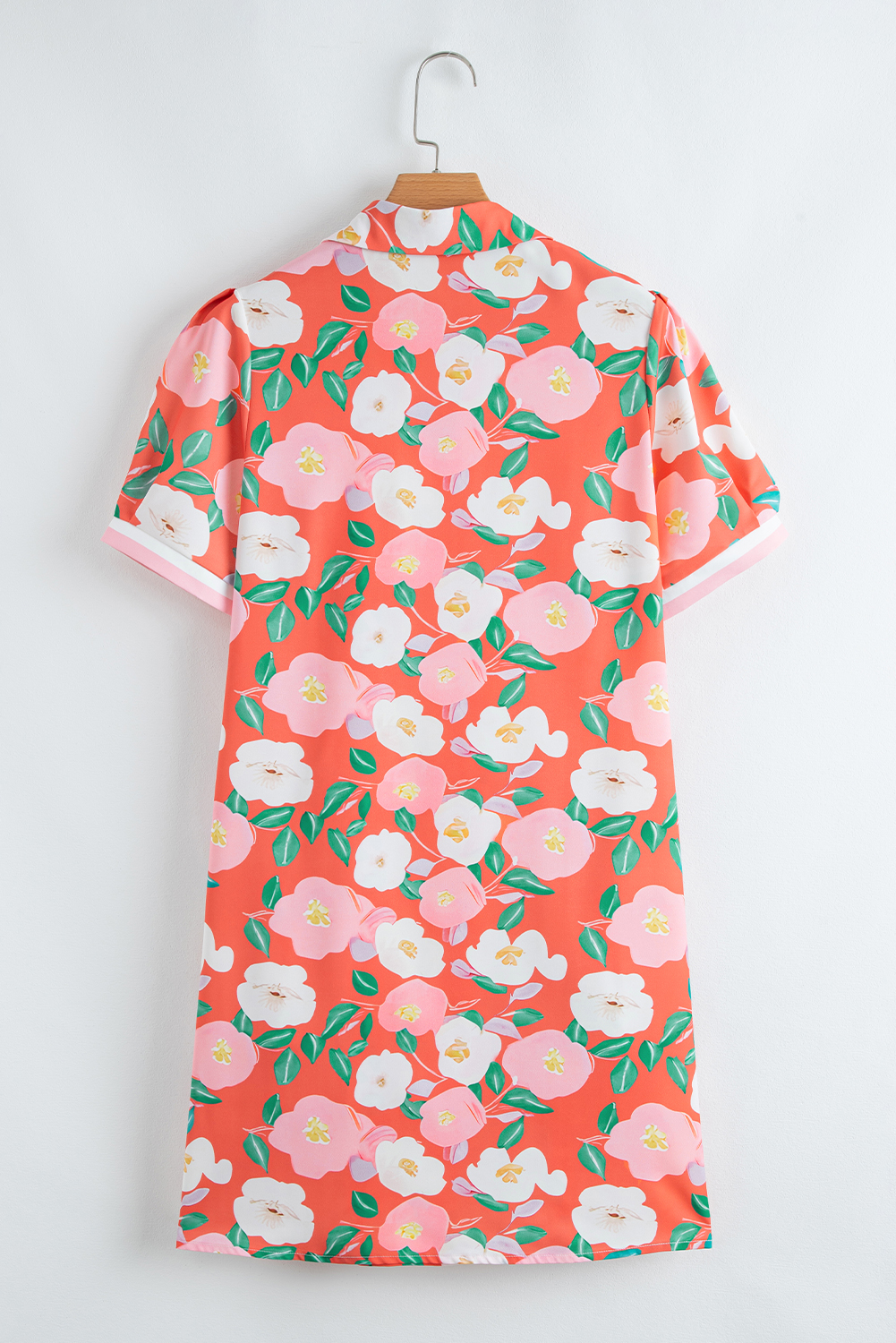 Fresh Salmon Floral Print Contrast Striped Trim Polo Collar T Shirt Dress - Image 5