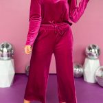 Rose Red Solid Velvet Ruffled Two Piece Pants Set