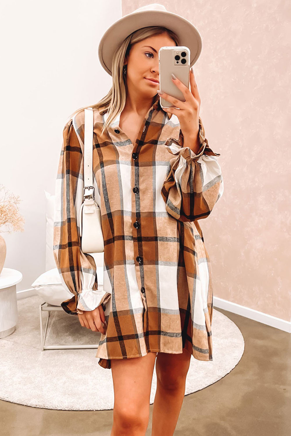 Khaki Plaid Pattern Collared Neck Ruffled Sleeve Shirt Dress - Image 8