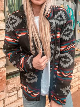 Black Aztec Printed Zip Up Collar Jacket