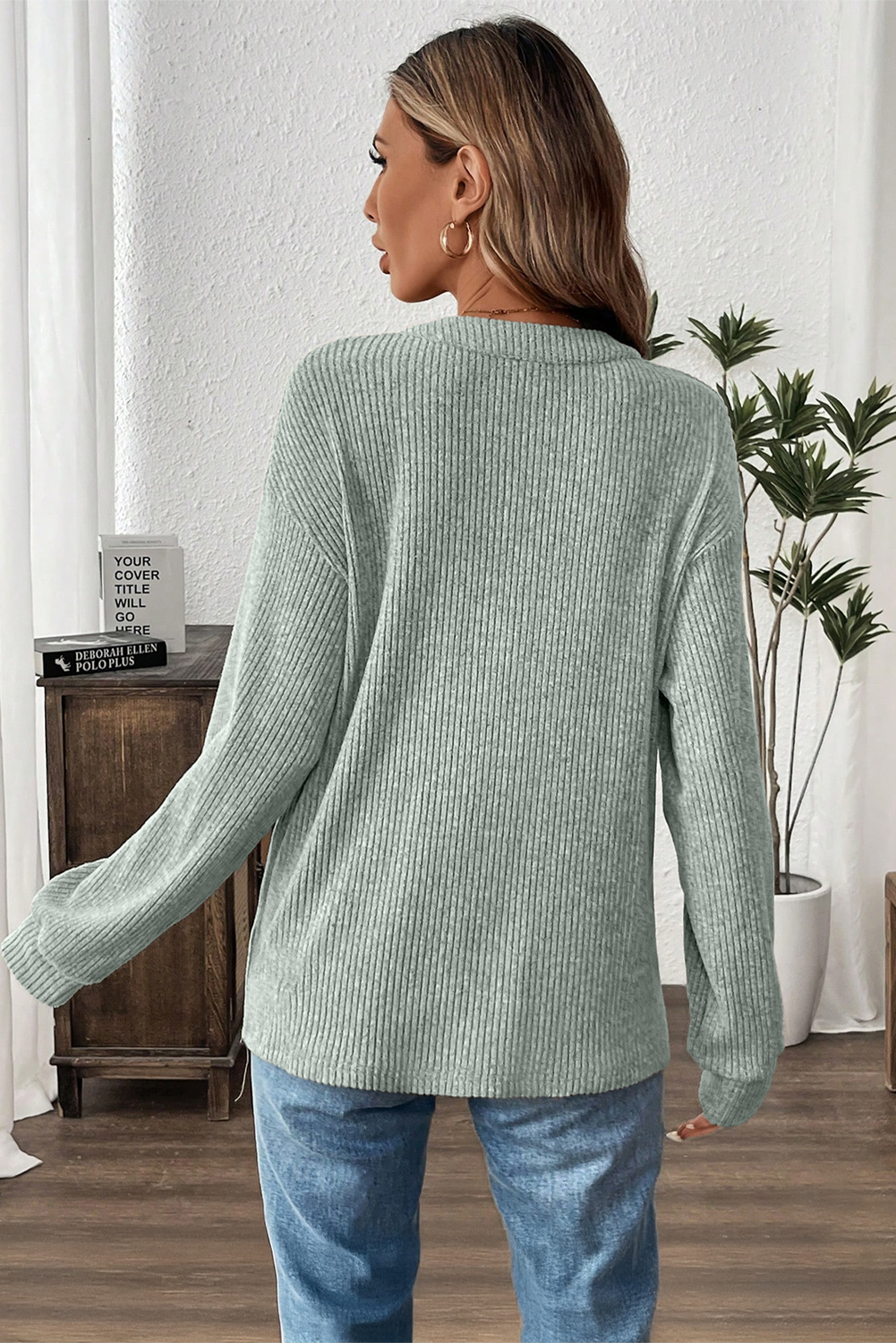 Clearly Aqua Ribbed Texture Drop Shoulder Henley Knit Top - Image 2