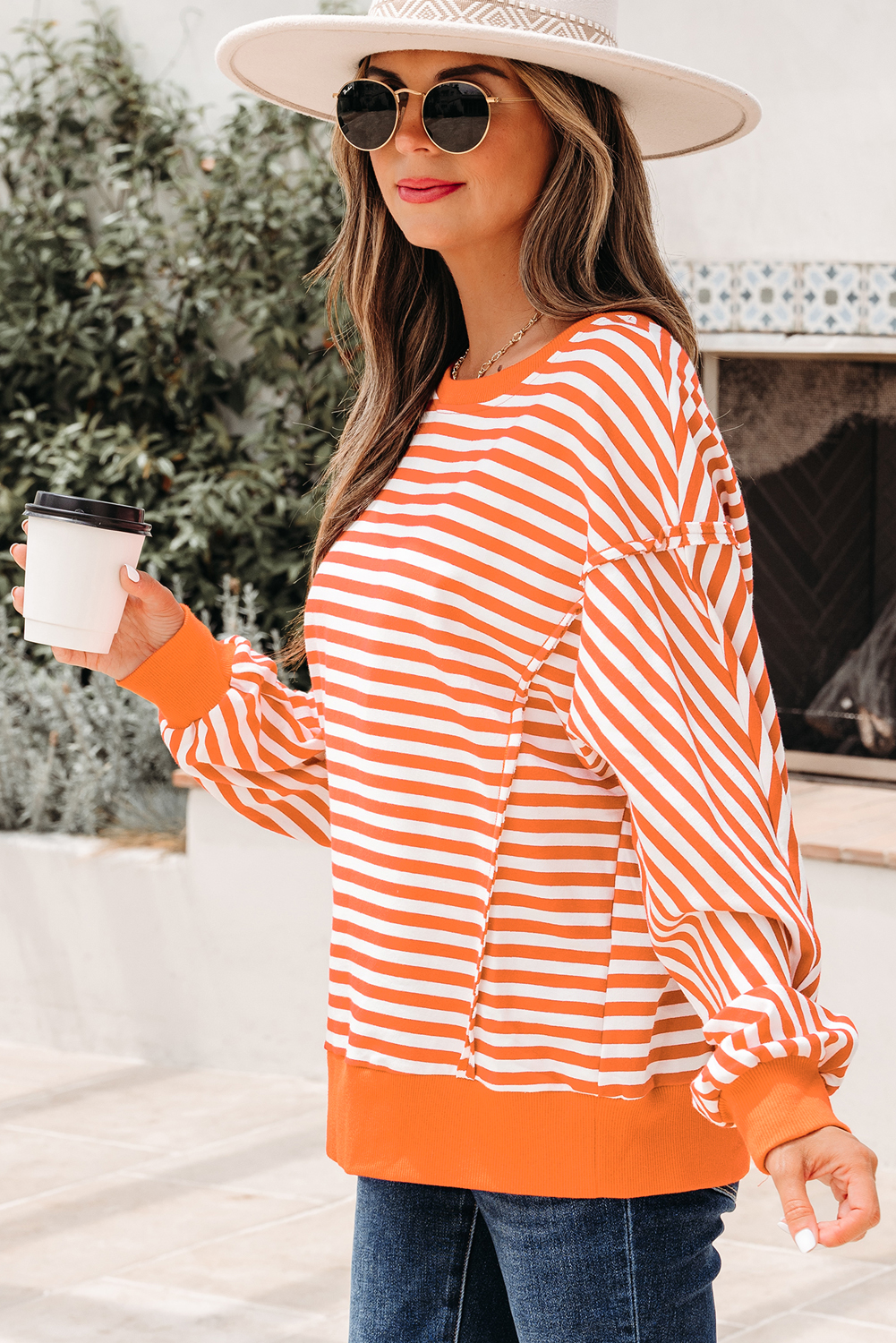 Orange Stripe Exposed Seam Drop Shoulder Casual Pullover Top - Image 4