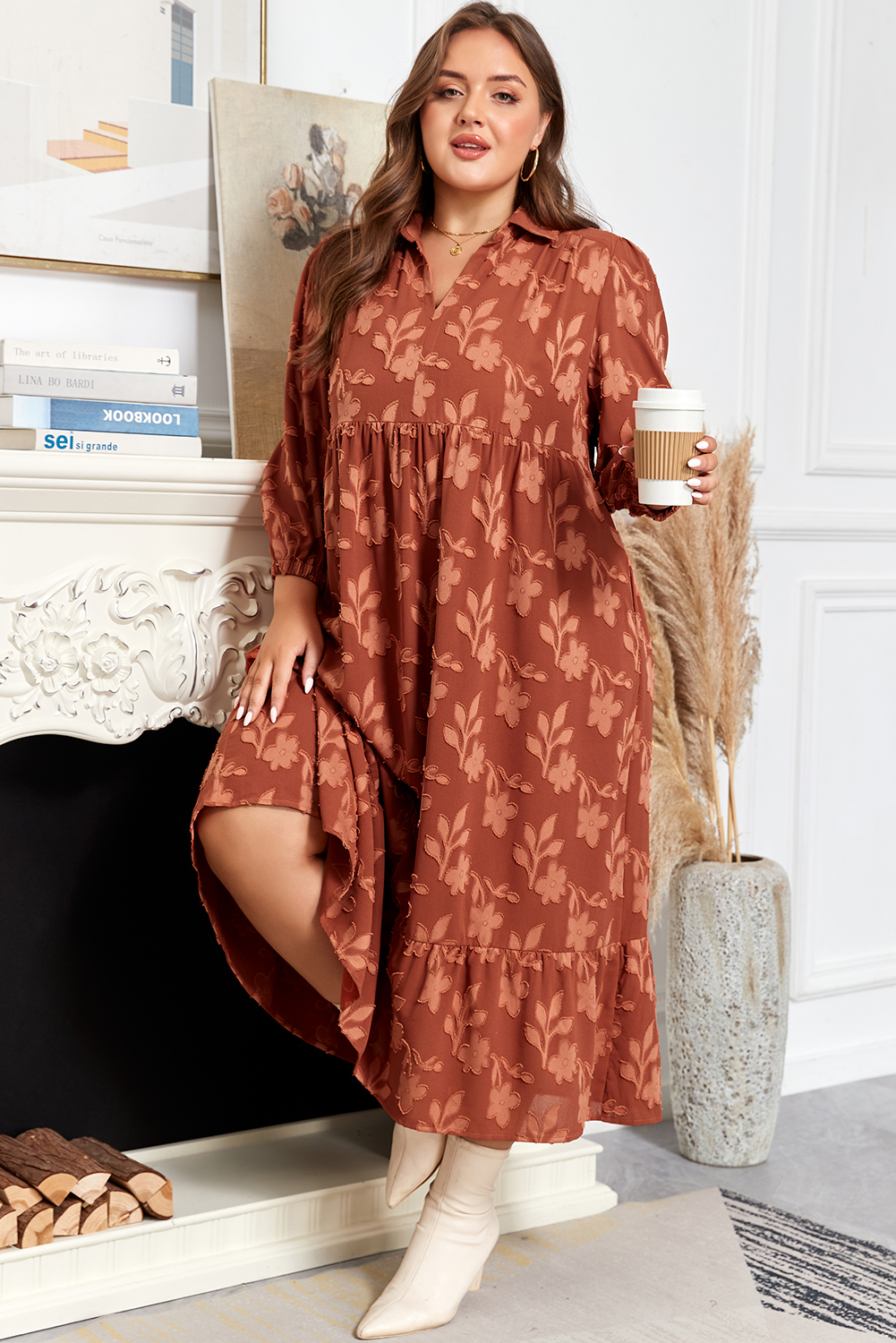 Cinnamon Plus Size Textured 3D Flower Pattern Ruffle Hem 3/4 Sleeve Long Dress - Image 8